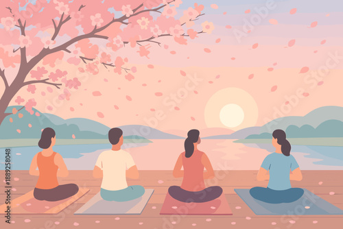 Group meditation by a lake during sunset with cherry blossom trees in the background