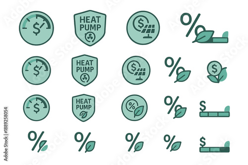 Symbols related to heat pumps and savings appear on a green background showing different renewable energy concepts
