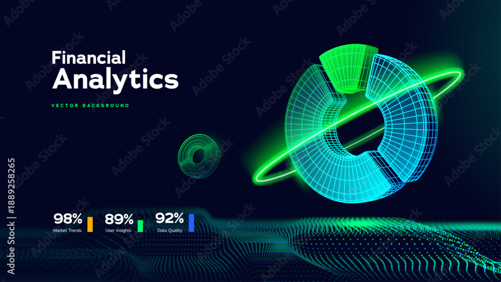 Obraz premium Financial Analytics Concept With Neon Data Chart, Digital Ring Diagram, And Market Metrics For Business Intelligence And Finance Design. Financial Analytics Insights. Vector Illustration.