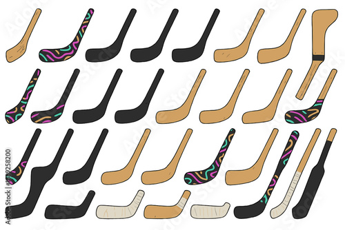 Collection of ice hockey sticks in various colors and designs arranged in rows for display