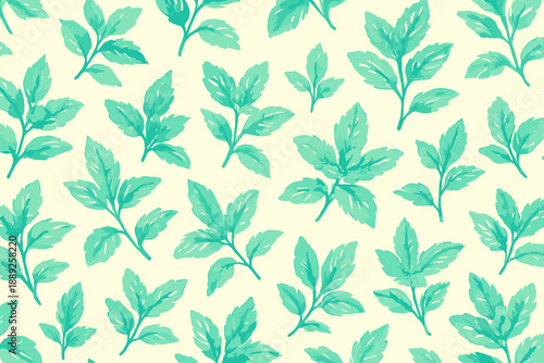 Pattern of green leaves on a light background with even spacing for a natural design effect