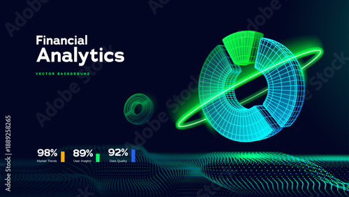 Financial Analytics Concept With Neon Data Chart, Digital Ring Diagram, And Market Metrics For Business Intelligence And Finance Design. Financial Analytics Insights. Vector Illustration.