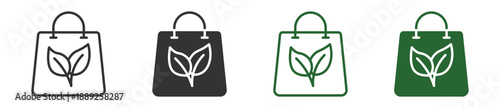 Eco Shopping Bag Icon Set. Reusable Grocery Bag with Leaf Symbols. Sustainable Product and Green Shopping Collection. Vector Illustration.
