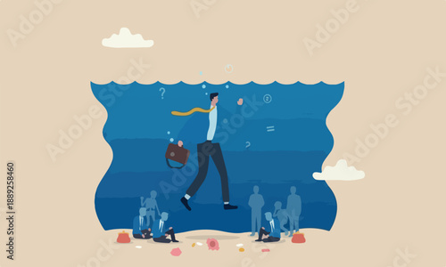 Business failure,, meeting teams together career struggle or unemployment concept, helpless businessman drowning or sinking into the bottom of pink piggy bank ocean