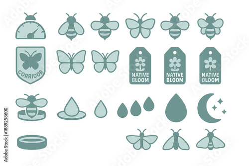 Design elements for nature and pollination projects with various bee and butterfly icons at a central location