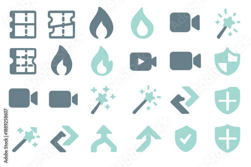 Collection of simple icons showing symbols for video, fire, magic, and security in a clear arrangement on a plain background