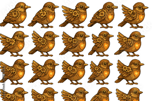 Birds with heart designs in a pattern showing different positions and orientations on a white background