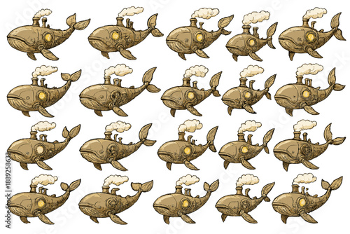 Whales with steam engines swim in a patterned arrangement in a light setting, displaying creativity and imagination in their design