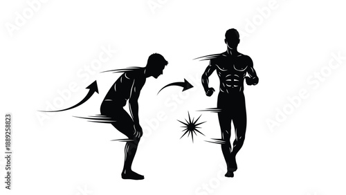 Illustration shows the transformation from tired weak runner to fit strong athlete after rest or training