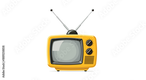 Retro yellow television set with rabbit ear antennas, symbolizing vintage technology, nostalgia, and classic entertainment, isolated on a white background fo...