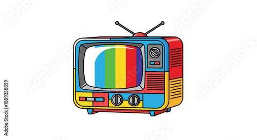 Colorful vintage television with a rainbow test pattern on screen, representing vibrant media, diverse channels, and the visual spectrum of broadcasting, iso...