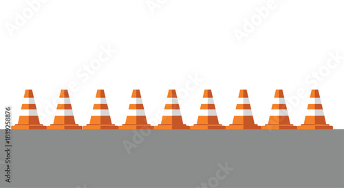 A line of orange and white traffic cones arranged neatly on a grey surface, signifying road safety, construction zones, and traffic management, isolated from...