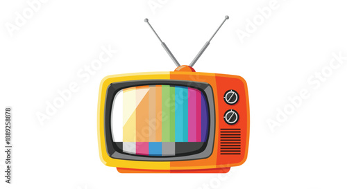 A bright orange and yellow vintage television displaying a colorful test card, evoking a sense of retro television and analog broadcast signals, on a plain b...