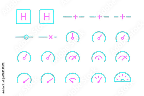 Simple design of gauges and indicators in bright colors used for visual representation of measurements