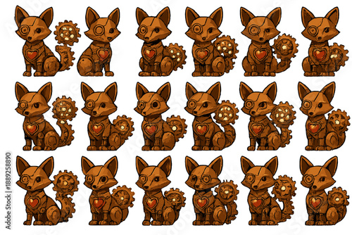 Cute animal figures with steampunk designs are displayed in a grid format showing different positions and details