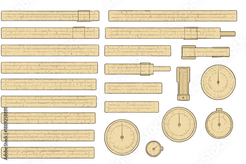 Various measuring tools are displayed on a plain background for educational purposes and design reference in a workshop setting