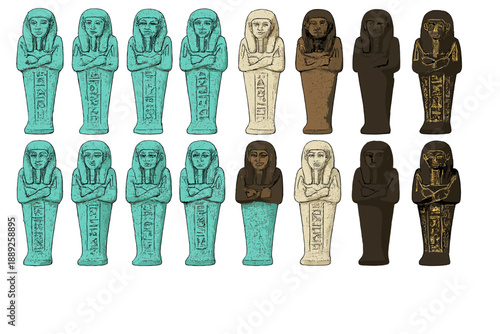 Many small ancient Egyptian figurines arranged in rows showing different colors and designs at a museum display