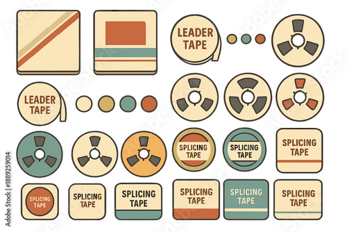 Collection of retro leader tape and splicing tape designs on a light background showing various shapes and colors used in audio editing