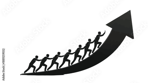 Teamwork and collaboration pushing a silhouette group upward along a steep rising arrow graph