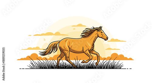 Vibrant illustration of a golden horse galloping through a grassy field with a stylized sunset and clouds in the background, evoking freedom and nature.