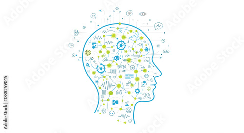 Abstract illustration of a human head outline filled with a network of interconnected nodes, gears, and icons, symbolizing artificial intelligence, technolog...