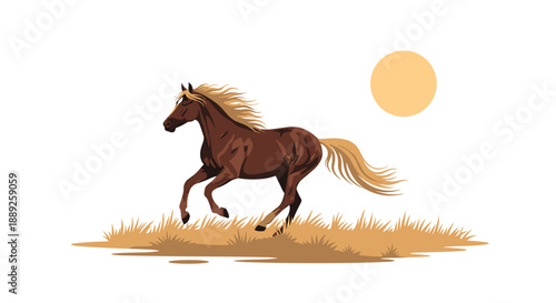 Stylized illustration of a dark brown horse in mid-gallop across a dry, grassy landscape with a soft, glowing sun, conveying power and natural beauty.