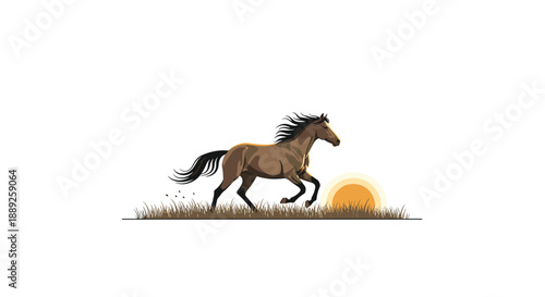 Pixel art depiction of a brown horse running in a field with grass and a subtle sun, capturing a retro gaming aesthetic and dynamic movement.
