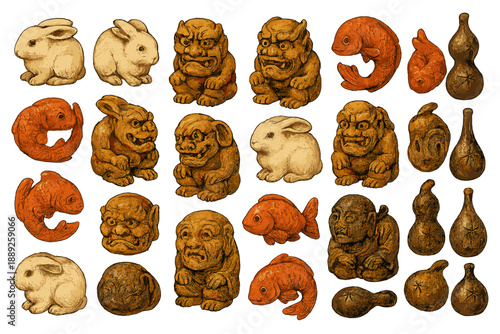 Crafted animal and figure designs arranged in rows showing various shapes and forms on a plain background