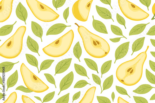 Pattern of yellow pears and green leaves arranged on a white background in a simple design