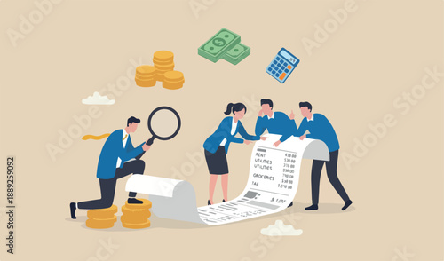 Paying bills, cost and expense analysis business personal finance concept, businessman magnifying team meeting analyze budget, income tax expense long invoice receipt paper