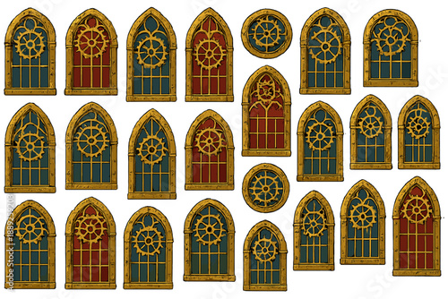 Colored window designs with gear motifs displayed on a white background for crafting or decoration purposes