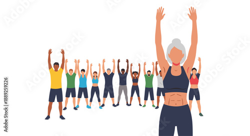 Diverse group of people of various ages and ethnicities participating in a fitness class, led by an older woman, all with arms raised in unison, promoting he...