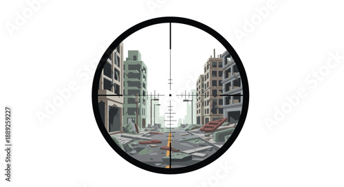 A sniper scope view of a war-torn city street with damaged buildings and rubble, depicting urban decay and the aftermath of conflict.