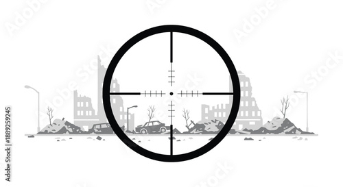 A sniper scope view of a destroyed city landscape with ruined buildings and abandoned cars, symbolizing war, destruction, and post-apocalyptic scenes.