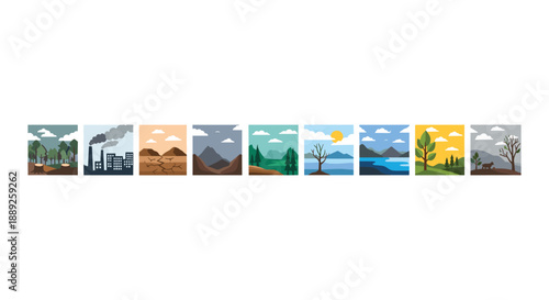 A series of eight small pixel art illustrations depicting environmental changes, from deforestation and pollution to arid landscapes and healthy ecosystems.