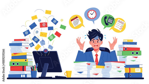 Overwhelmed office worker sitting at desk struggling with massive amounts of incoming emails and paperwork