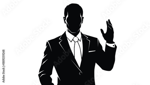 Silhouette of a professional businessman in a dark suit raising a hand in greeting or signal