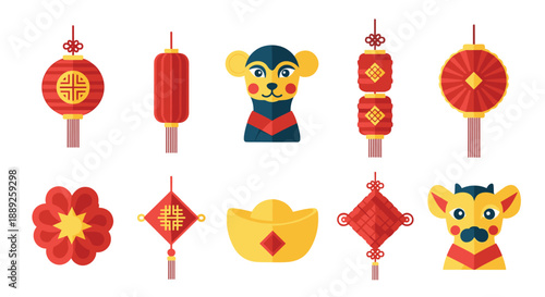 Assortment of Chinese New Year decorations including lanterns, a monkey and cow figurine, a flower, a knot, and gold ingots, symbolizing good luck and prospe...