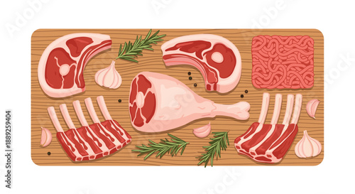 Overhead view of a butcher's wooden board with various cuts of raw meat, including lamb chops, pork leg, and ground meat, garnished with rosemary and garlic.