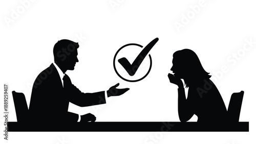 Business meeting silhouette shows agreement with an approving gesture and a large checkmark symbol