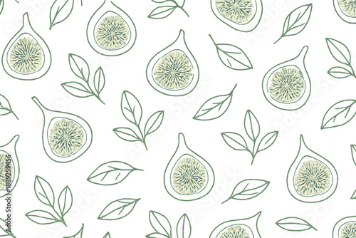 Pattern of green fig slices and leaves on a white background created for fabric design or wallpaper use