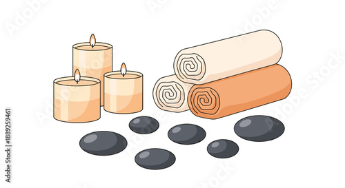 Spa and wellness scene with lit candles, smooth massage stones, and rolled towels in warm colors, presented in a flat illustration style on a white background.