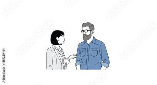 A man with a beard and glasses in a denim shirt talks to a woman in a blazer, depicted in a simple, flat illustration style with a white background.