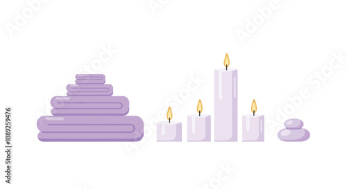 Spa elements including a stack of purple towels, various sizes of white lit candles, and small smooth stones arranged on a white background in a flat style.
