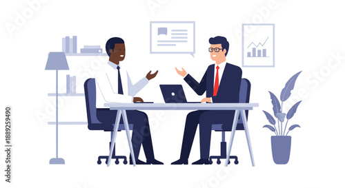 Two businessmen are engaged in a meeting around a table with a laptop in a modern office, with bookshelves and plants, illustrated in a flat graphic style.