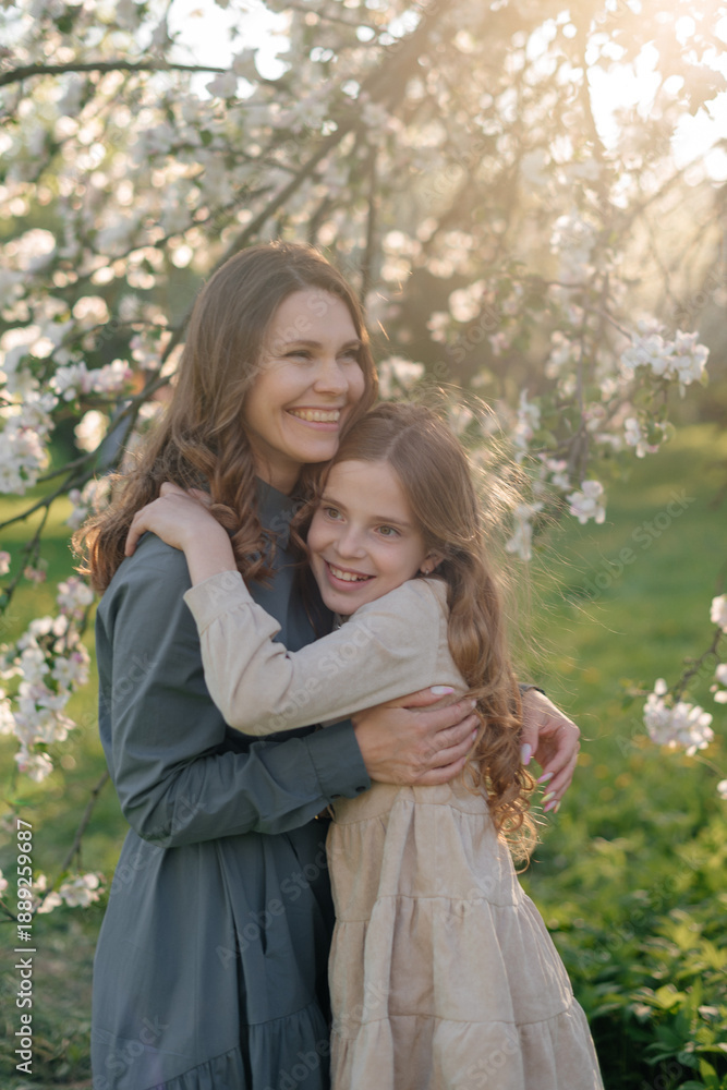 Fototapeta premium A young Caucasian woman with long brown hair embraces a young girl with curly brown hair in a blooming garden. Soft sunlight filters through the flowers.
