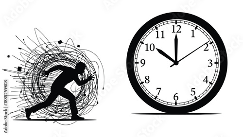 Silhouette of stressed man running against time illustrating pressure and deadlines in modern life