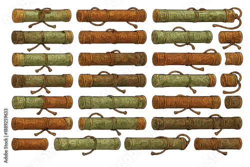 Different scroll designs arranged in a pattern, showing various colors and styles often found in ancient times