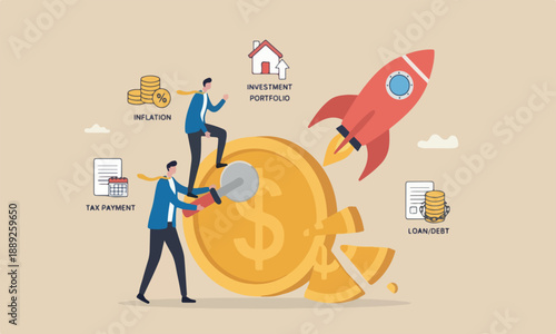 Money management,big red rocket planning wealth management or investment portfolio, paying for tax, loan or debt, inflation concept, businessman using pizza cutter to split golden dollar money coin.