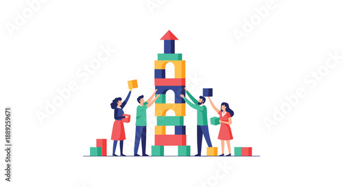 Team of people building a colorful tower with blocks, symbolizing teamwork, collaboration, construction, and shared goals.